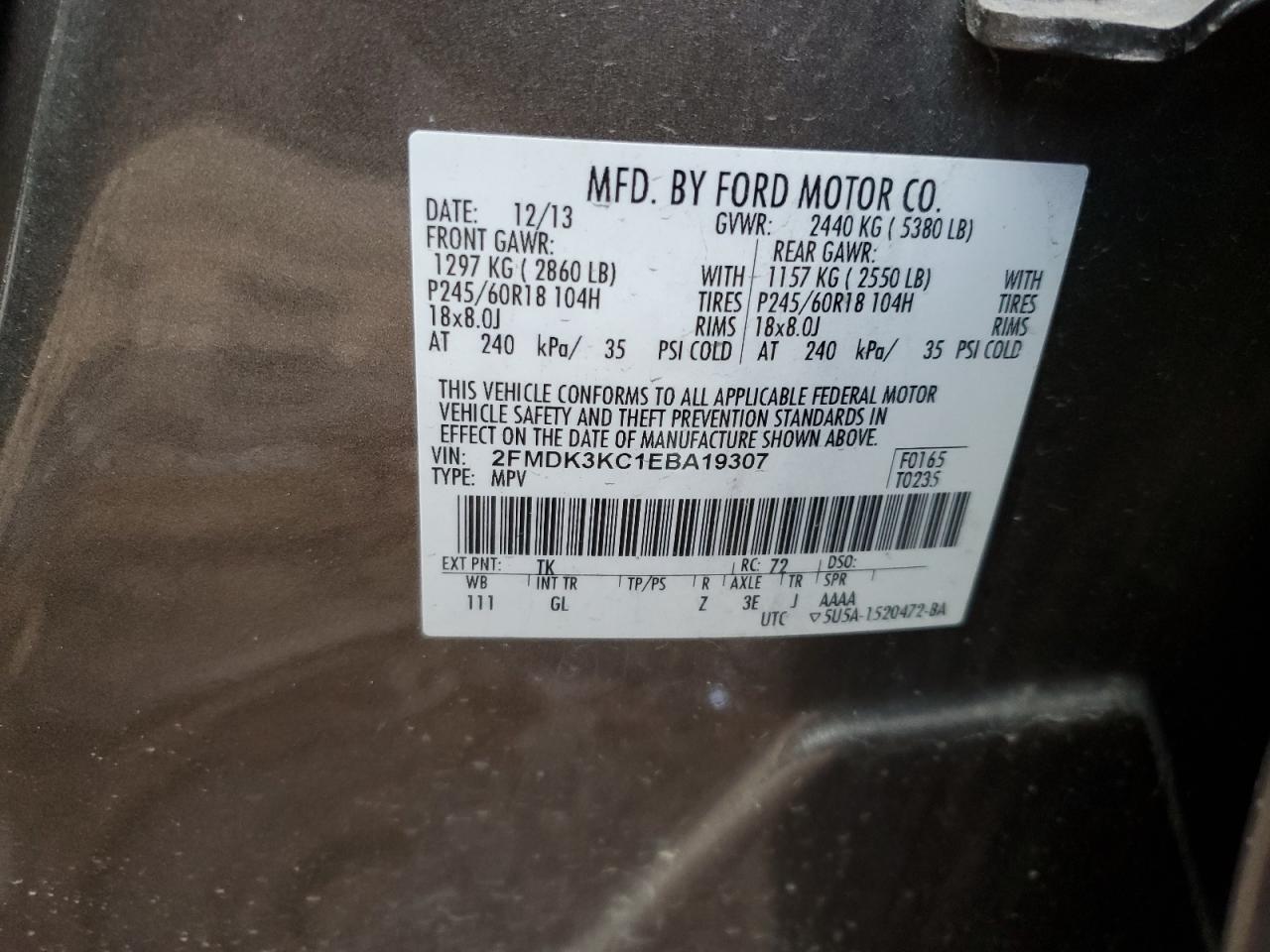 2014 Ford Edge Limited VIN: 2FMDK3KC1EBA19307 Lot: 85286684