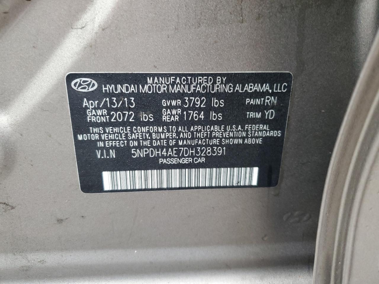 VIN 5NPDH4AE7DH328391 2013 HYUNDAI ELANTRA no.12