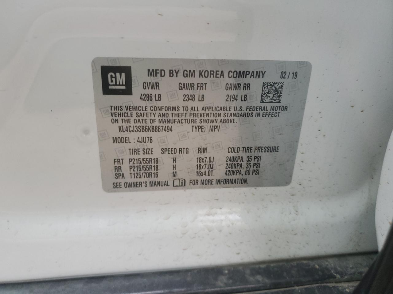 2019 Buick Encore VIN: KL4CJ3SB6KB867494 Lot: 85096174