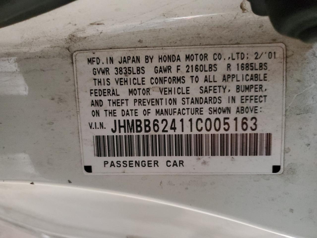 2001 Honda Prelude VIN: JHMBB62411C005163 Lot: 86798724