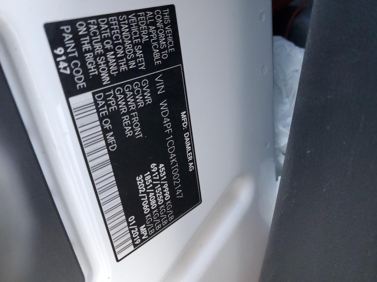 2019 Mercedes-Benz Sprinter 2500/3500 VIN: WD4PF1CD4KT002147 Lot: 83555894