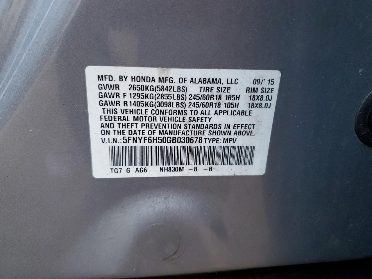 VIN 5FNYF6H50GB030678 2016 HONDA PILOT no.13