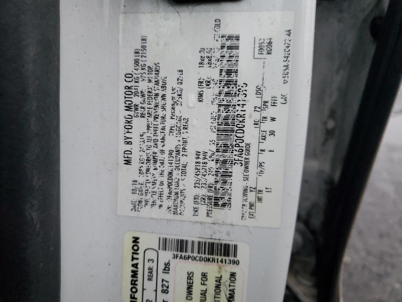 3FA6P0CD0KR140390 2019 FORD FUSION - Image 13