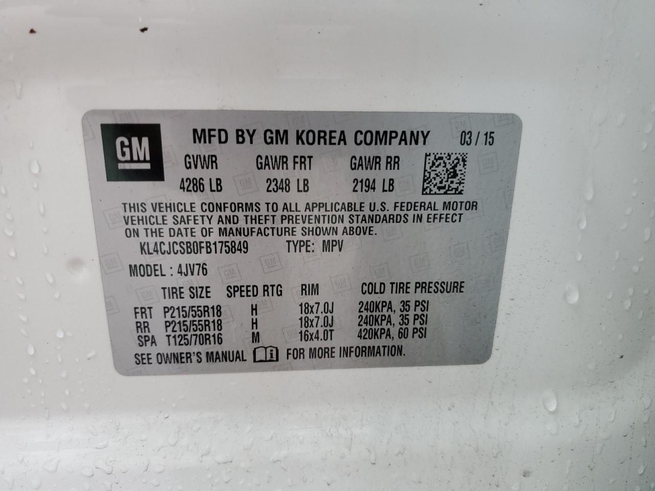 2015 BUICK ENCORE with FRONT END damage, VIN KL4CJCSB0FB175849