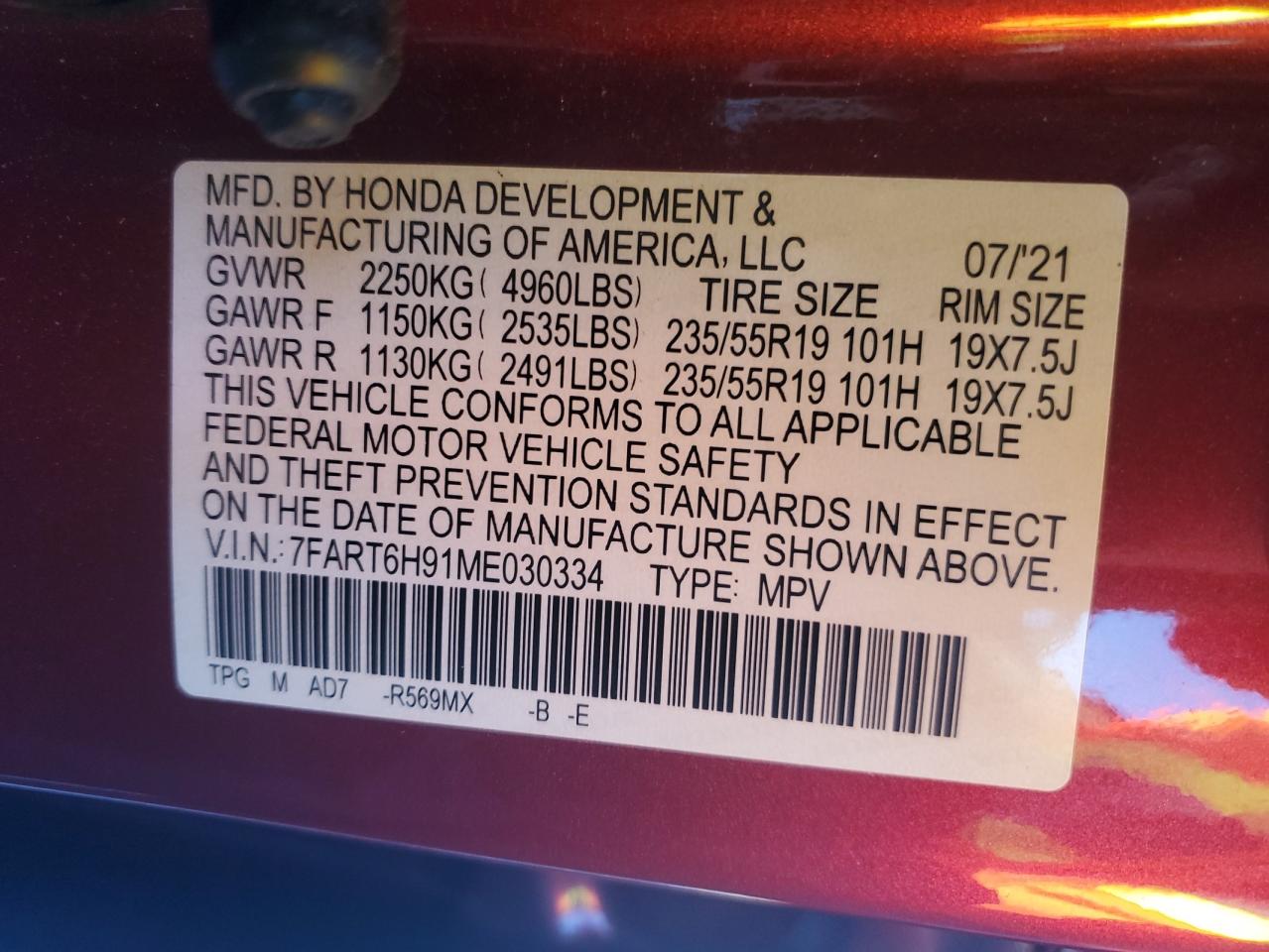 VIN 7FART6H91ME030334 2021 HONDA CRV no.13