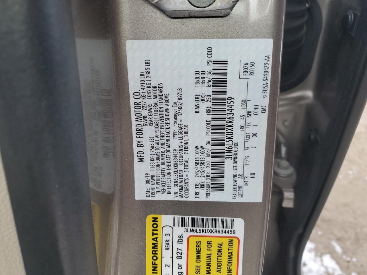 2019 Lincoln Mkz VIN: 3LN6L5KUXKR634459 Lot: 84611074