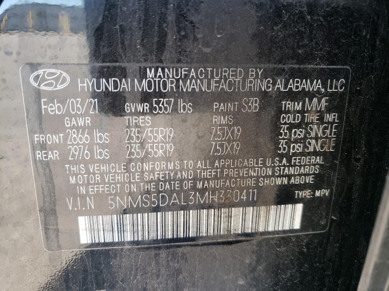 VIN 5NMS5DAL3MH330411 2021 HYUNDAI SANTA FE no.13