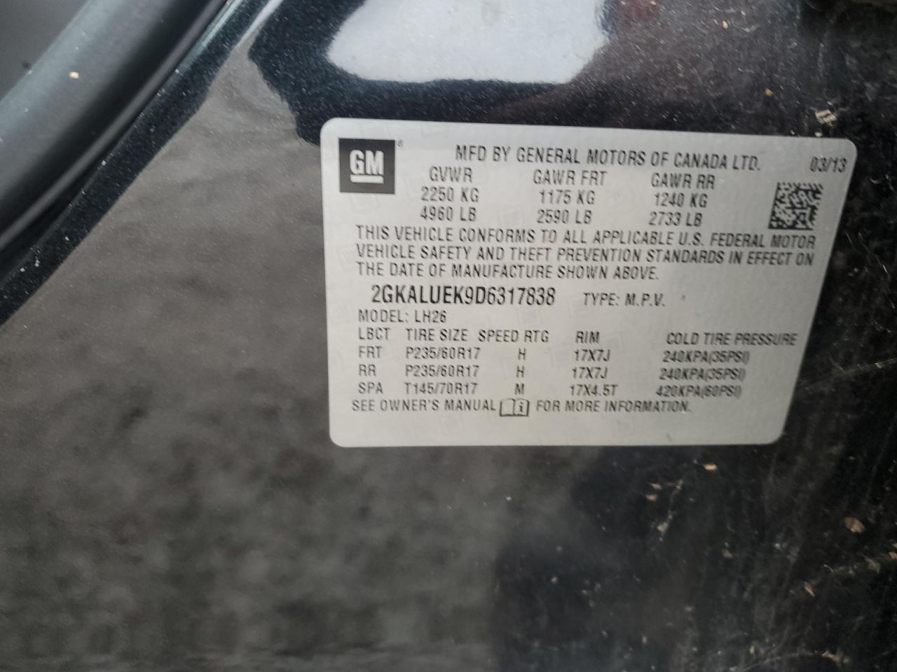 2013 GMC Terrain Slt VIN: 2GKALUEK9D6317838 Lot: 85409724