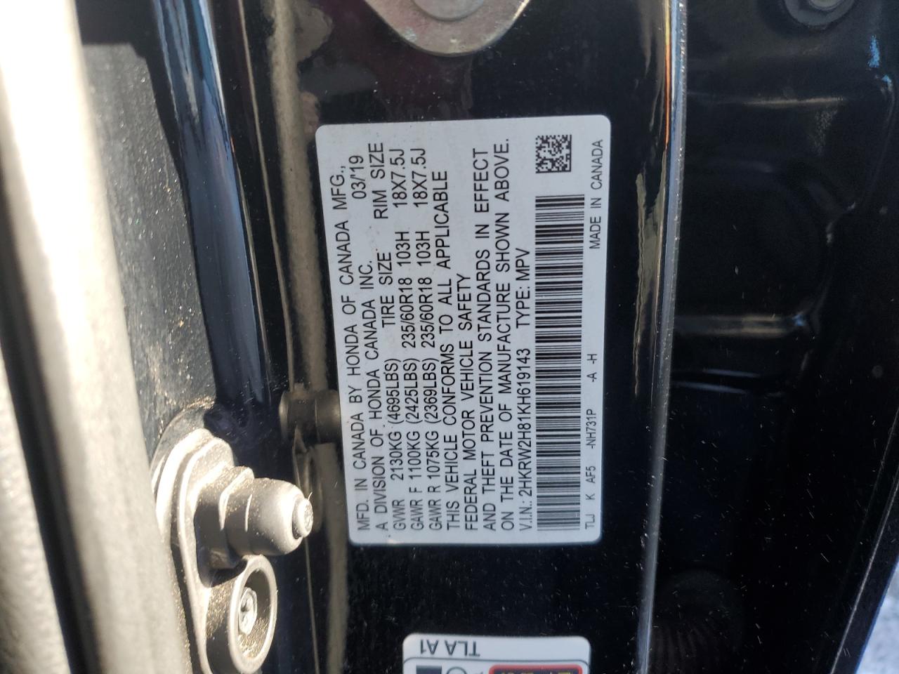 2019 Honda Cr-V Exl VIN: 2HKRW2H81KH619143 Lot: 83100494