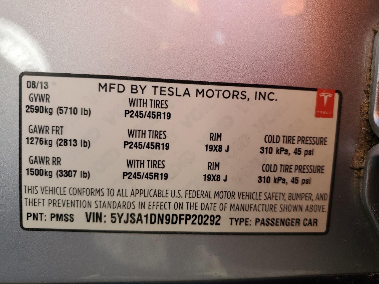 2013 Tesla Model S VIN: 5YJSA1DN9DFP20292 Lot: 84831274