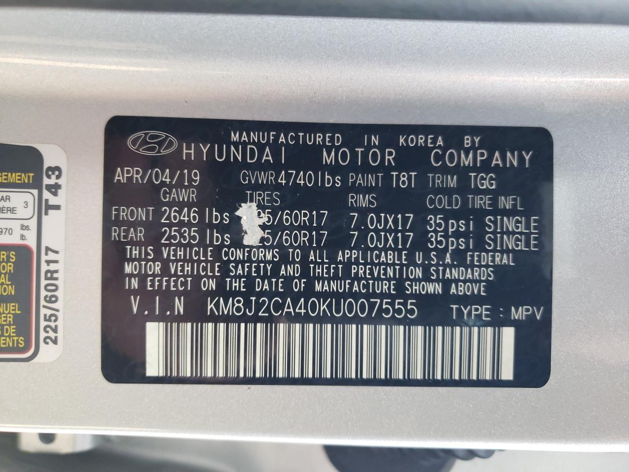 VIN KM8J2CA40KU007555 2019 HYUNDAI TUCSON no.13