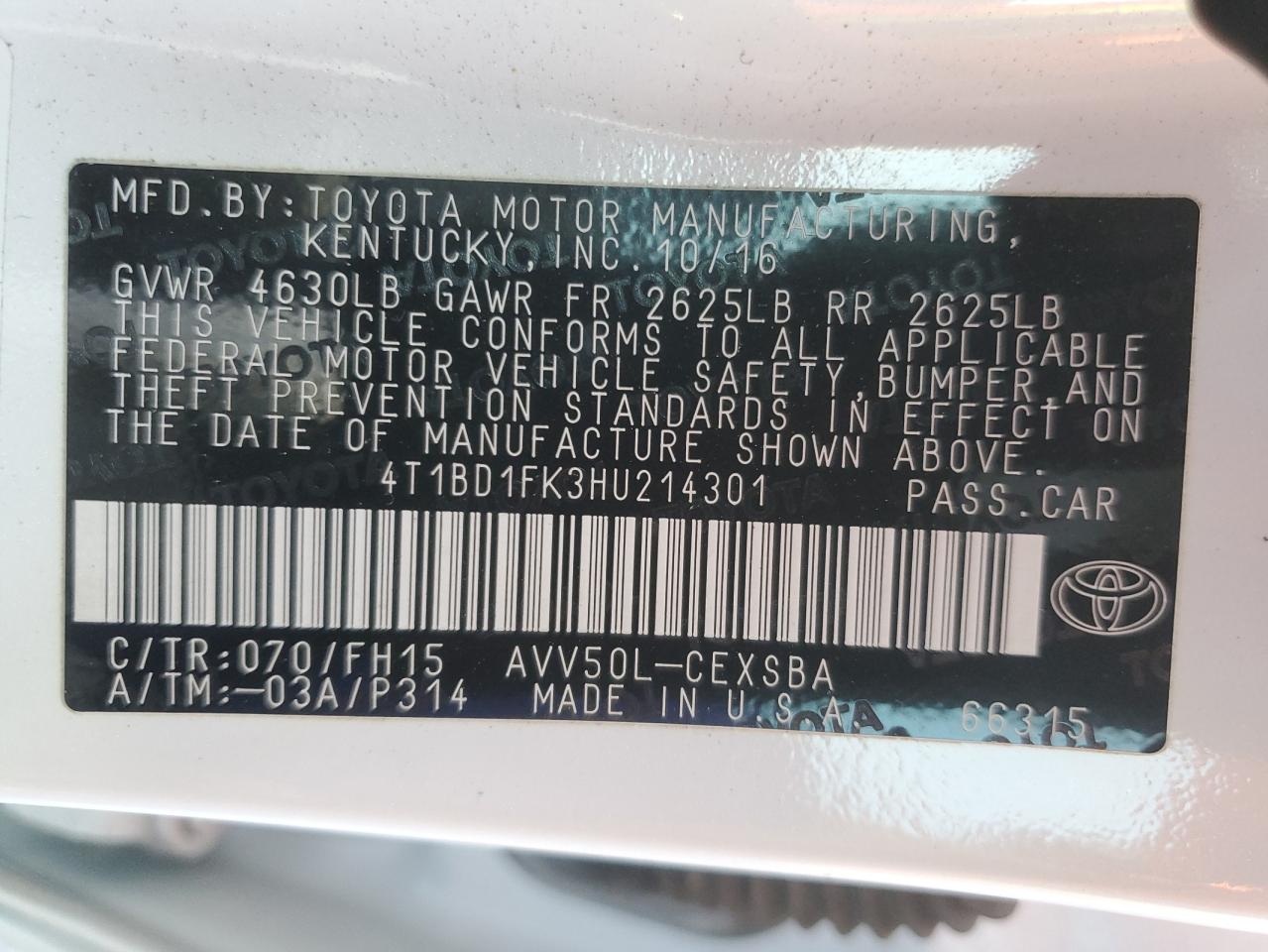 VIN 4T1BD1FK3HU214301 2017 TOYOTA CAMRY no.13