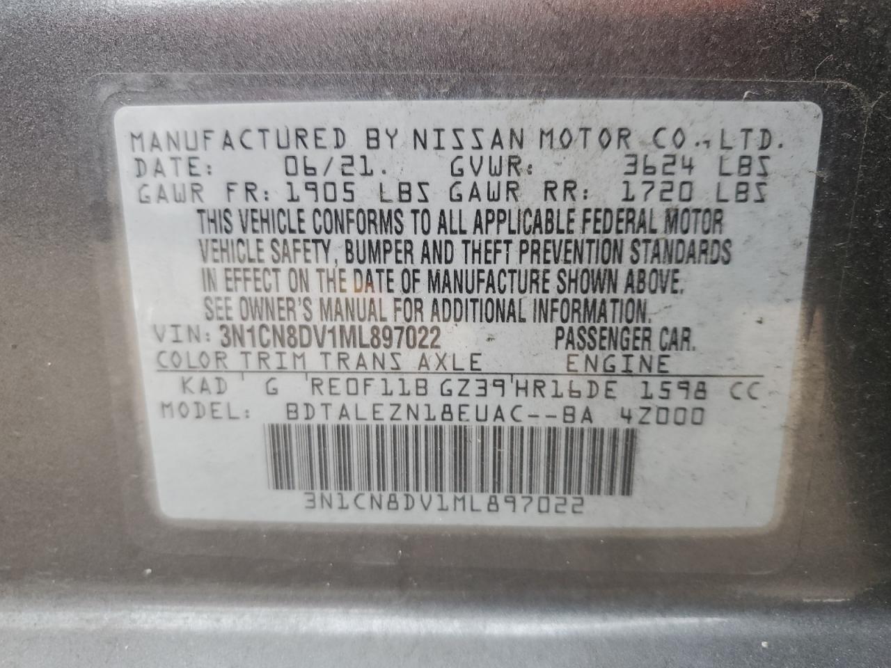 VIN 3N1CN8DV1ML897022 2021 NISSAN VERSA no.13