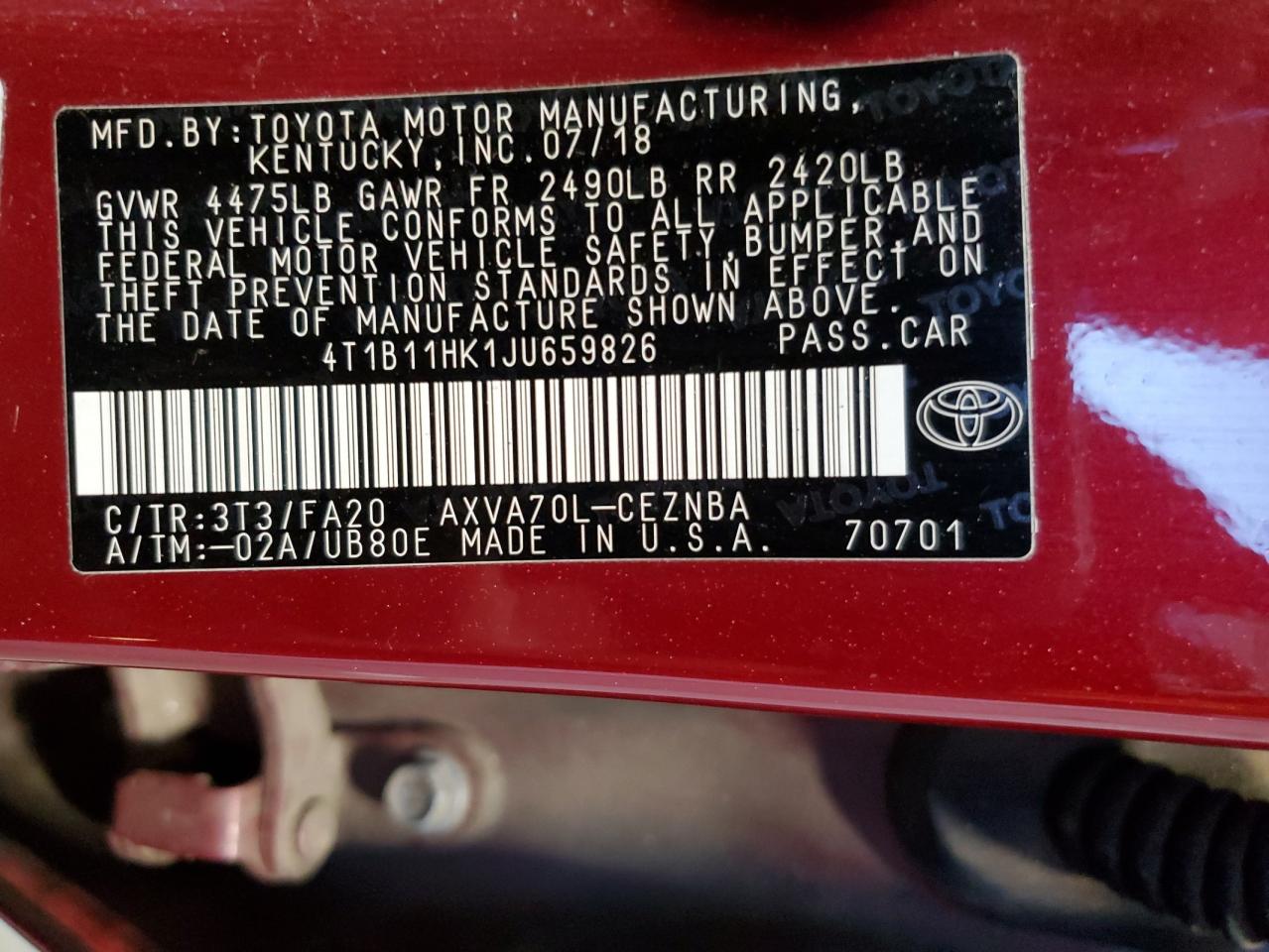 VIN 4T1B11HK1JU659826 2018 TOYOTA CAMRY no.13