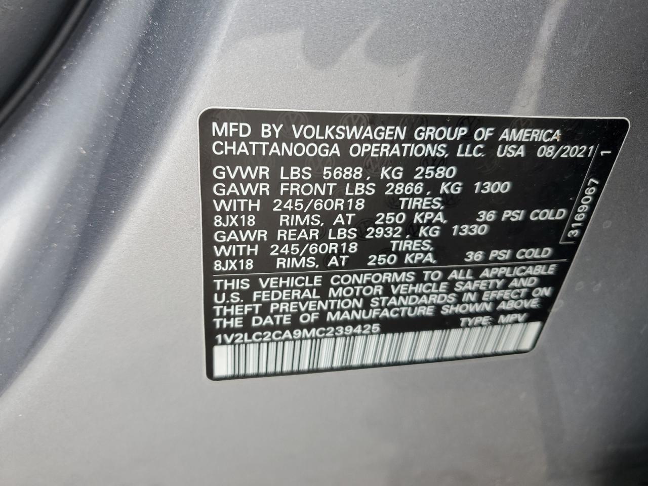 VIN 1V2LC2CA9MC239425 2021 VOLKSWAGEN ATLAS no.14