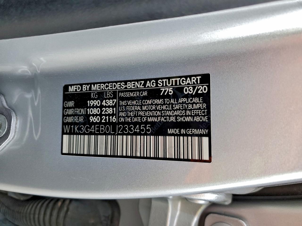 2020 Mercedes-Benz A 220 VIN: W1K3G4EB0LJ233455 Lot: 95243155