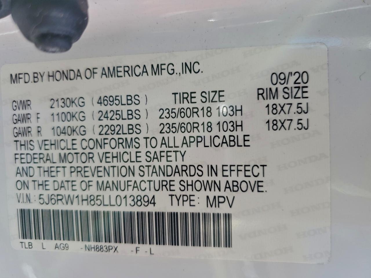 2020 Honda Cr-V Exl VIN: 5J6RW1H85LL013894 Lot: 94900835