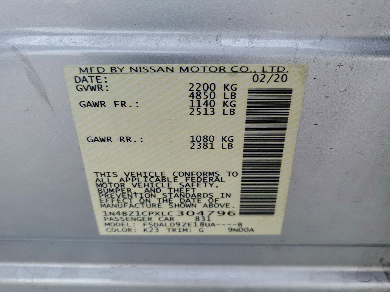 2020 Nissan Leaf Sv Plus VIN: 1N4BZ1CPXLC304796 Lot: 94832145