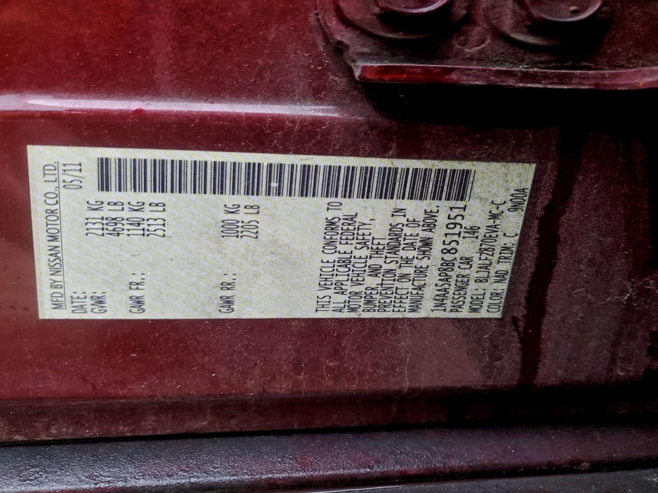 2011 Nissan Maxima S VIN: 1N4AA5AP8BC851951 Lot: 94373605