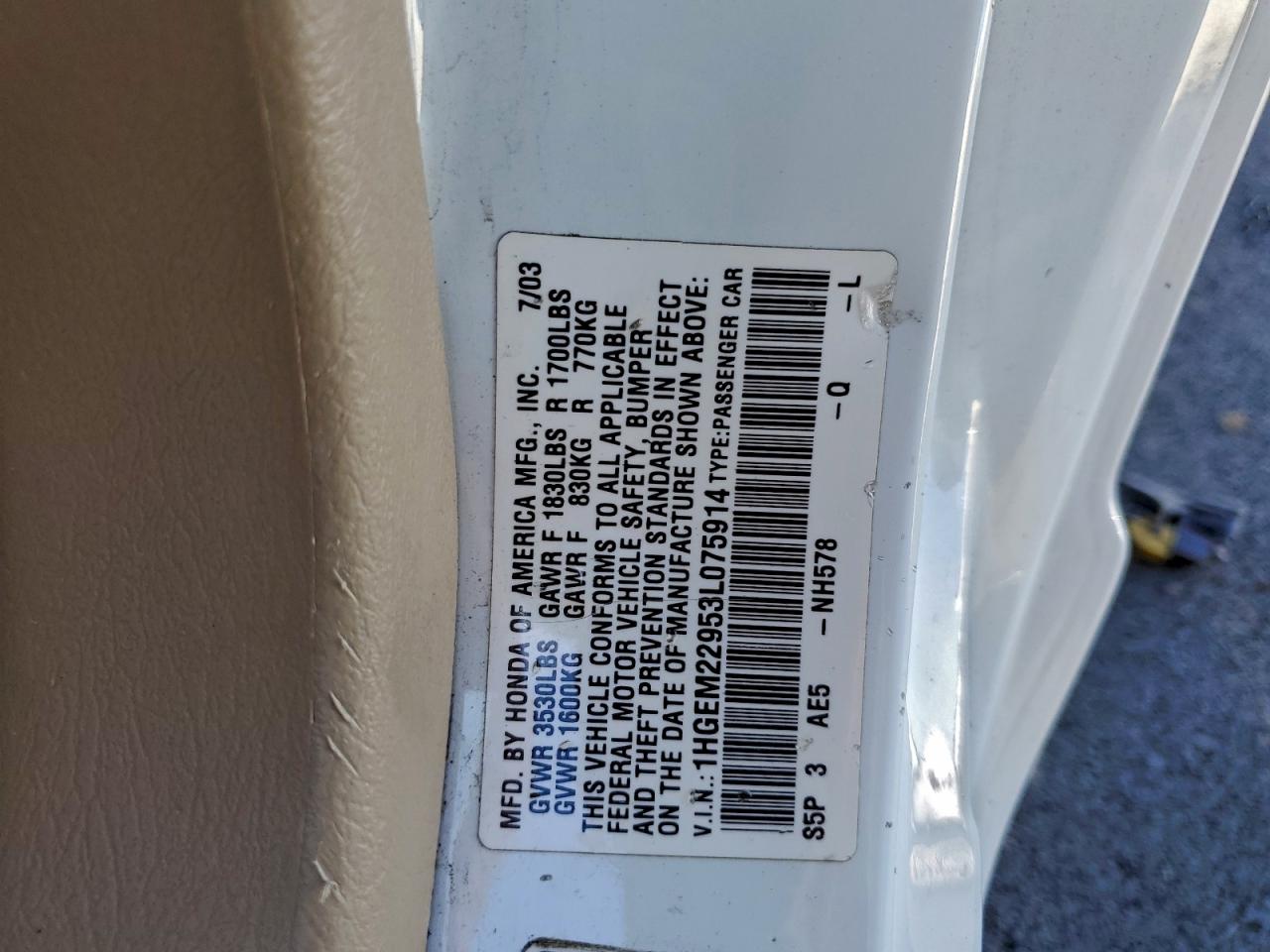 2003 Honda Civic Ex VIN: 1HGEM22953L075914 Lot: 95112915