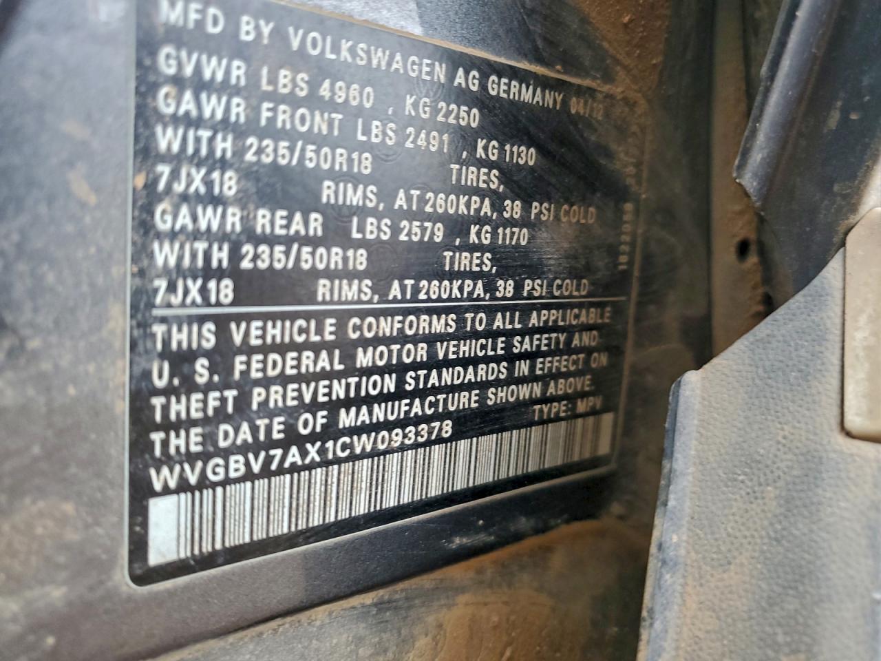 2012 Volkswagen Tiguan S VIN: WVGBV7AX1CW093378 Lot: 96580075