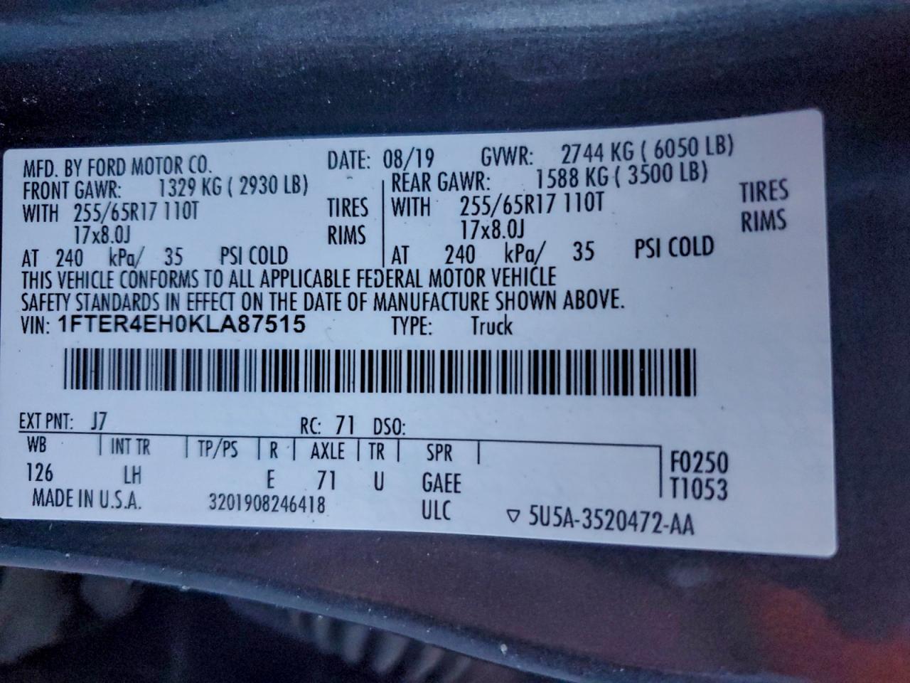 2019 Ford Ranger Xl VIN: 1FTER4EH0KLA87515 Lot: 95296895