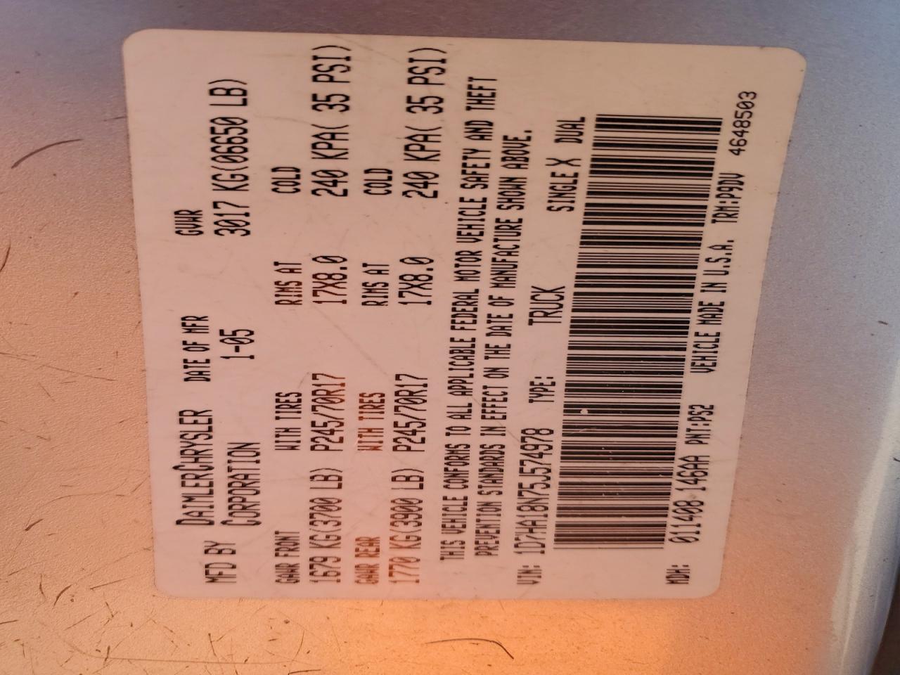 2005 Dodge Ram 1500 St VIN: 1D7HA18N75J574978 Lot: 91817435