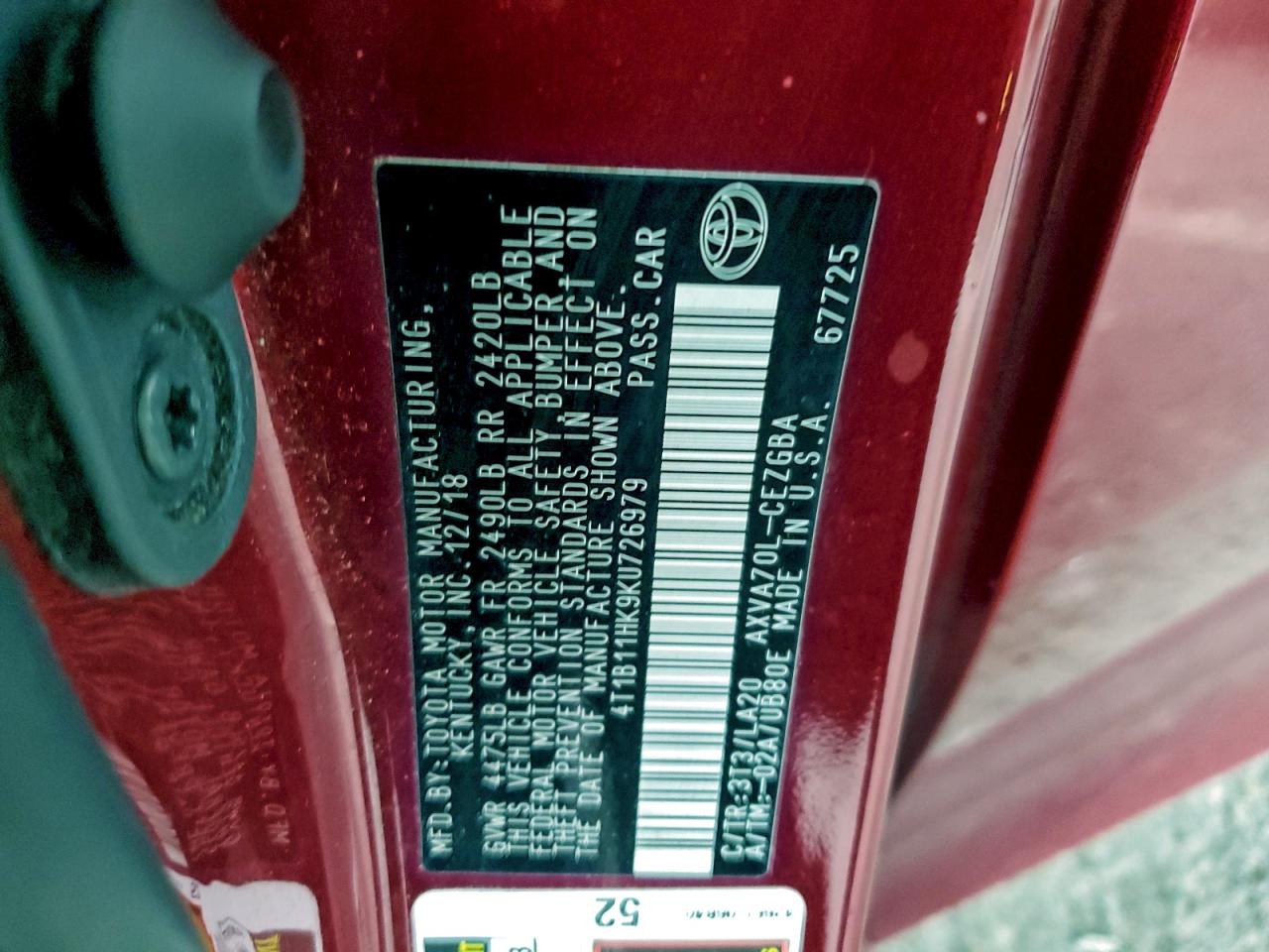 2019 Toyota Camry L VIN: 4T1B11HK9KU726979 Lot: 94959645