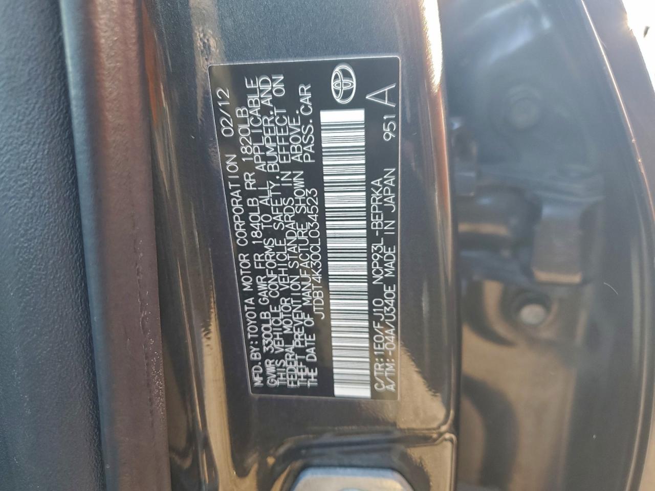 2012 Toyota Yaris VIN: JTDBT4K30CL034523 Lot: 96119925