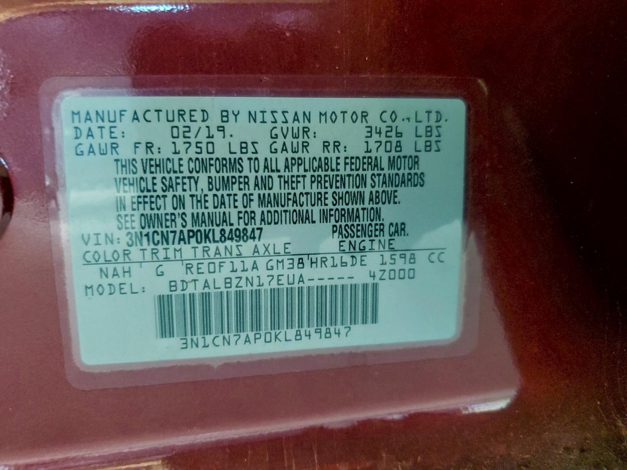 2019 Nissan Versa S VIN: 3N1CN7AP0KL849847 Lot: 95806005