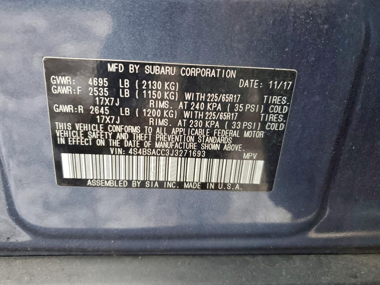 2018 Subaru Outback 2.5I Premium VIN: 4S4BSACC3J3271693 Lot: 94909015