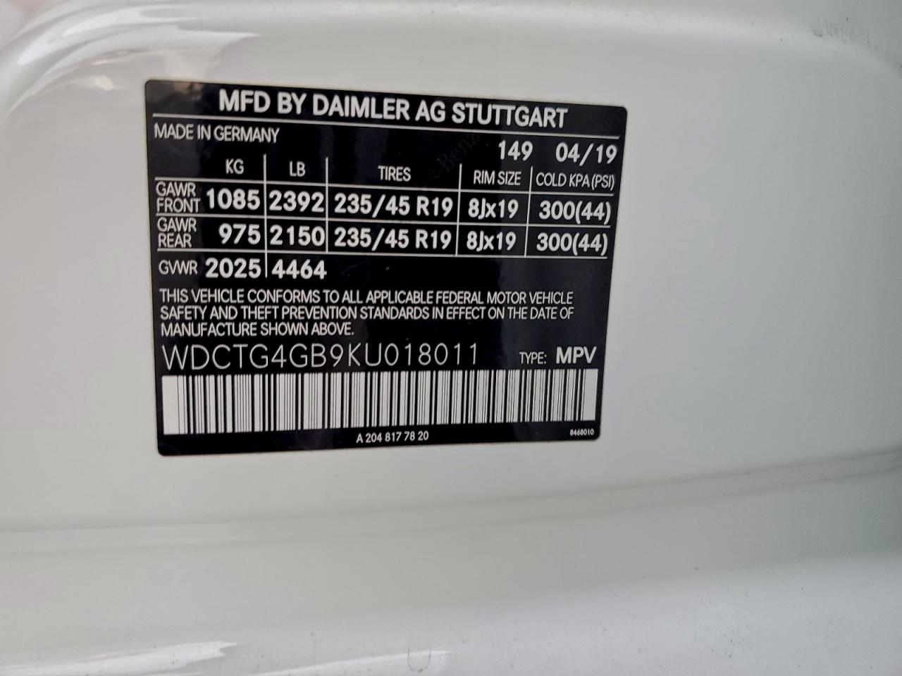 2019 Mercedes-Benz Gla 250 4Matic VIN: WDCTG4GB9KU018011 Lot: 94791855