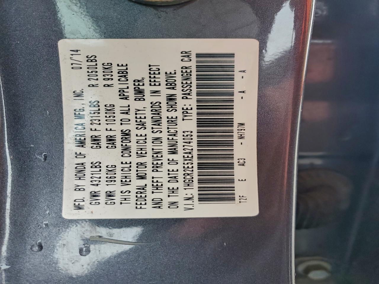 2014 Honda Accord Sport VIN: 1HGCR2E5XEA274053 Lot: 95101375