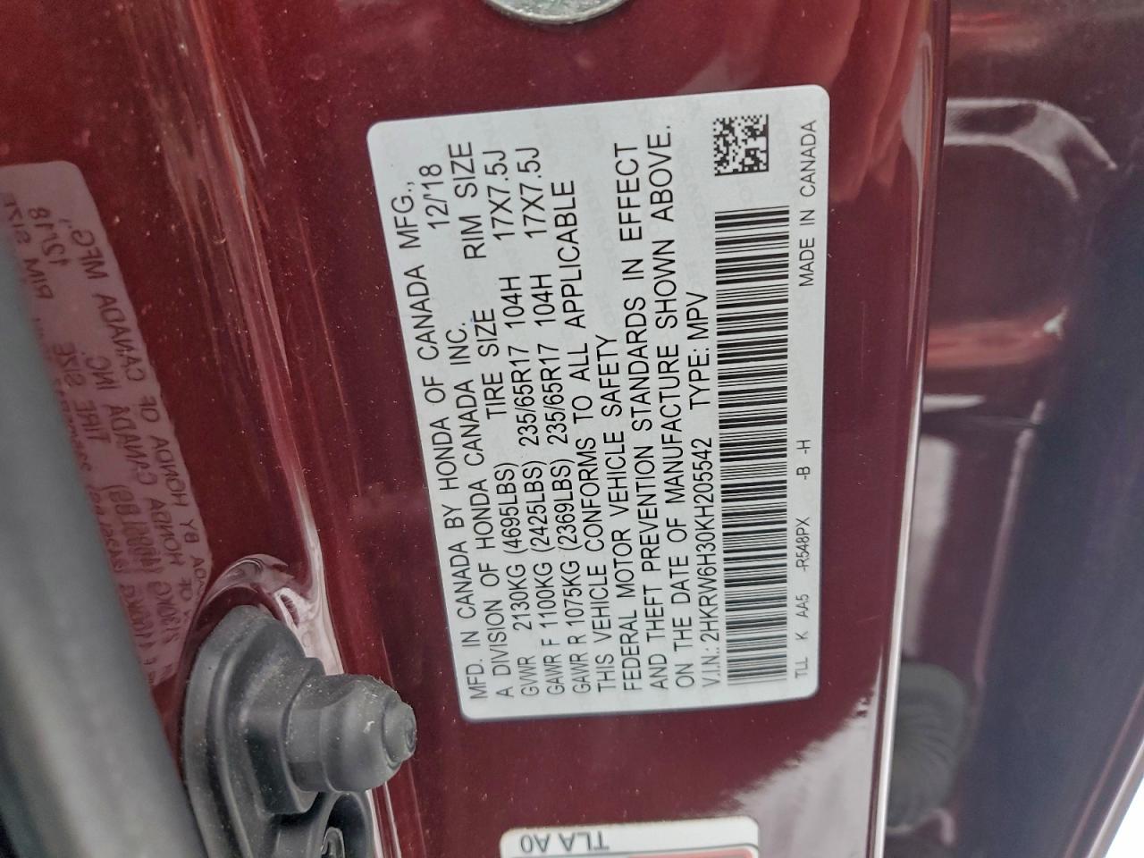 2019 Honda Cr-V Lx VIN: 2HKRW6H30KH205542 Lot: 94638445