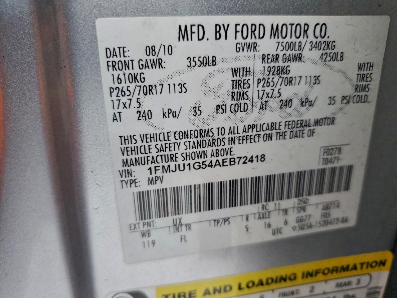 2010 Ford Expedition Xlt VIN: 1FMJU1G54AEB72418 Lot: 97264825