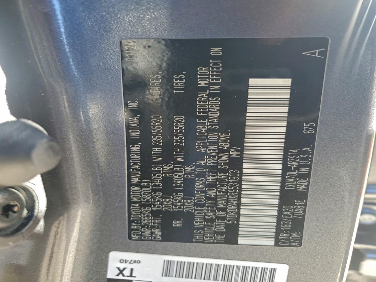 2024 Toyota Highlander Le VIN: 5TDKDRAHXRS531903 Lot: 96172075