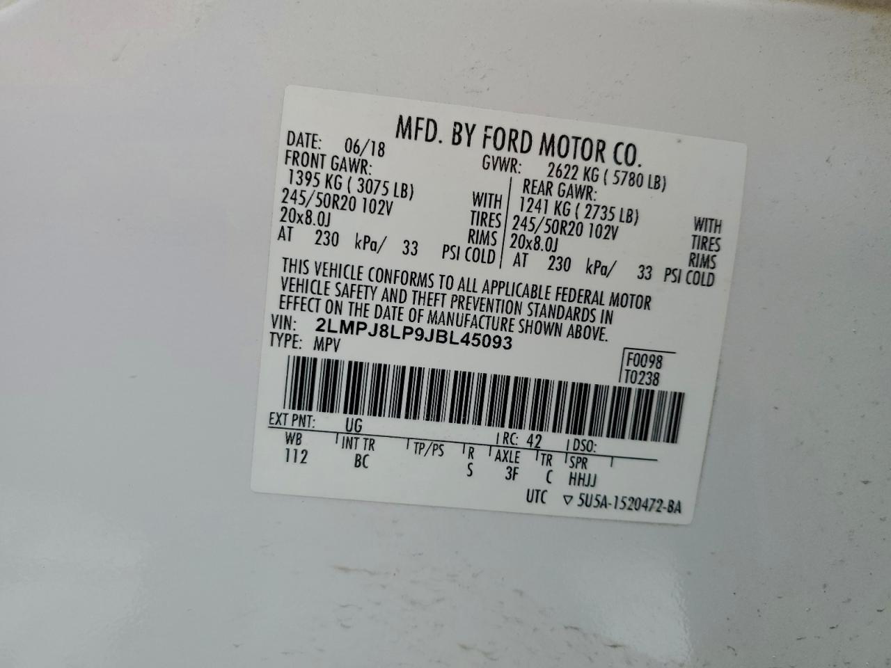 2018 Lincoln Mkx Reserve VIN: 2LMPJ8LP9JBL45093 Lot: 95947545