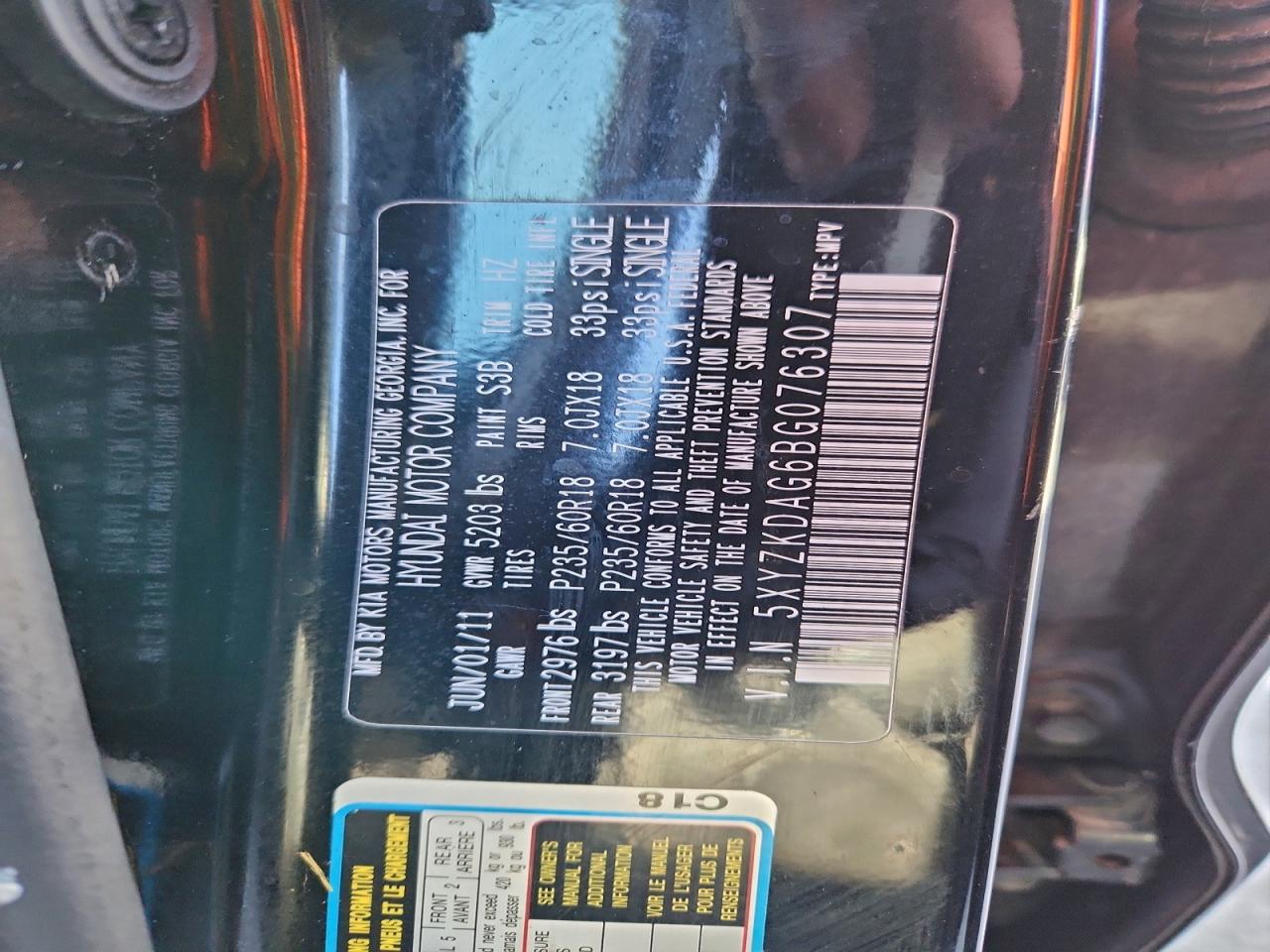 2011 Hyundai Santa Fe Limited VIN: 5XYZKDAG6BG076307 Lot: 96839875