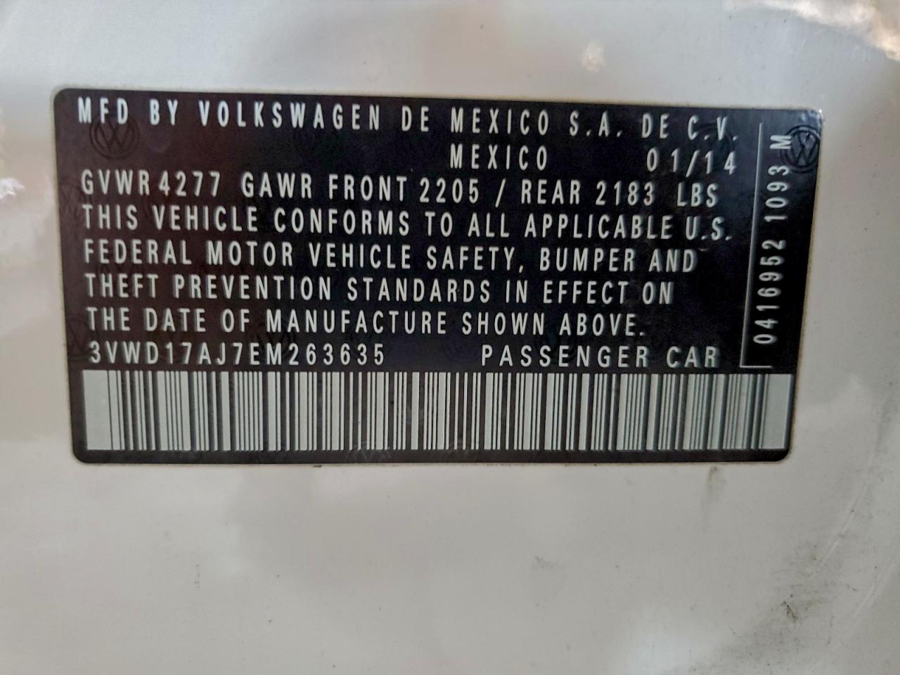 2014 Volkswagen Jetta Se VIN: 3VWD17AJ7EM263635 Lot: 95538995