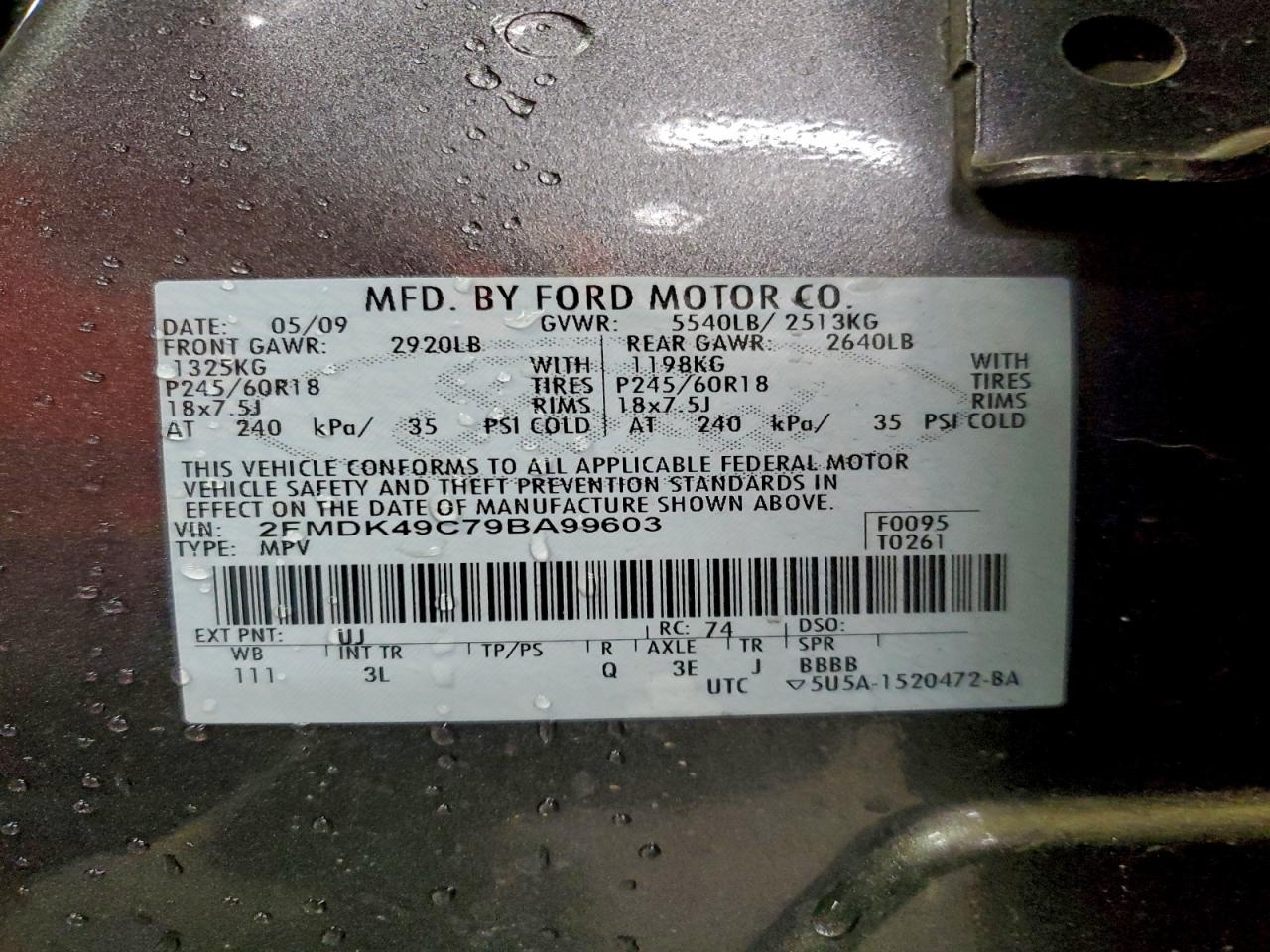 2009 Ford Edge Limited VIN: 2FMDK49C79BA99603 Lot: 95567695