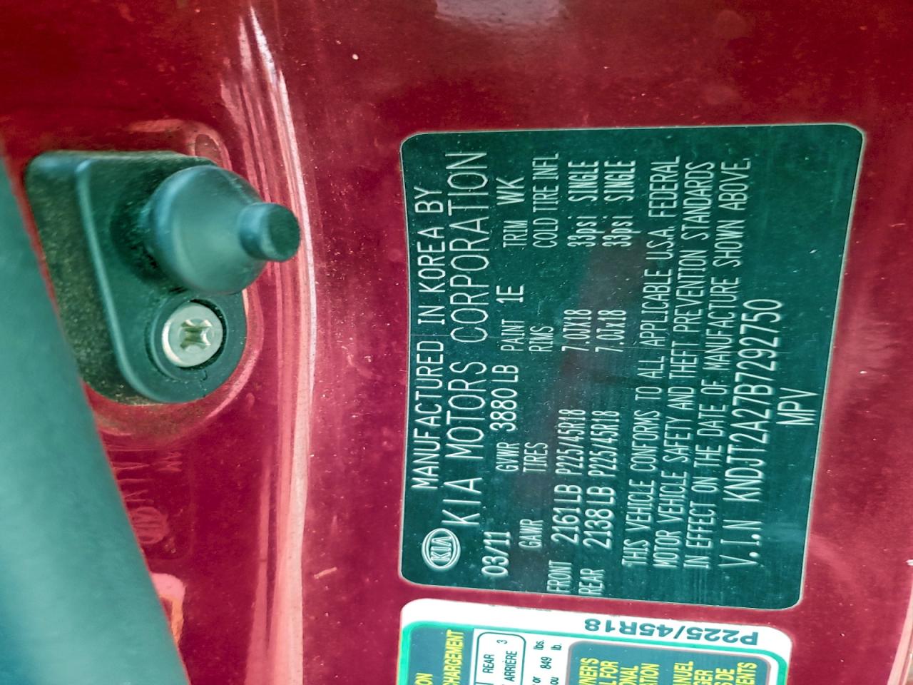 2011 Kia Soul + VIN: KNDJT2A27B7292750 Lot: 95788875