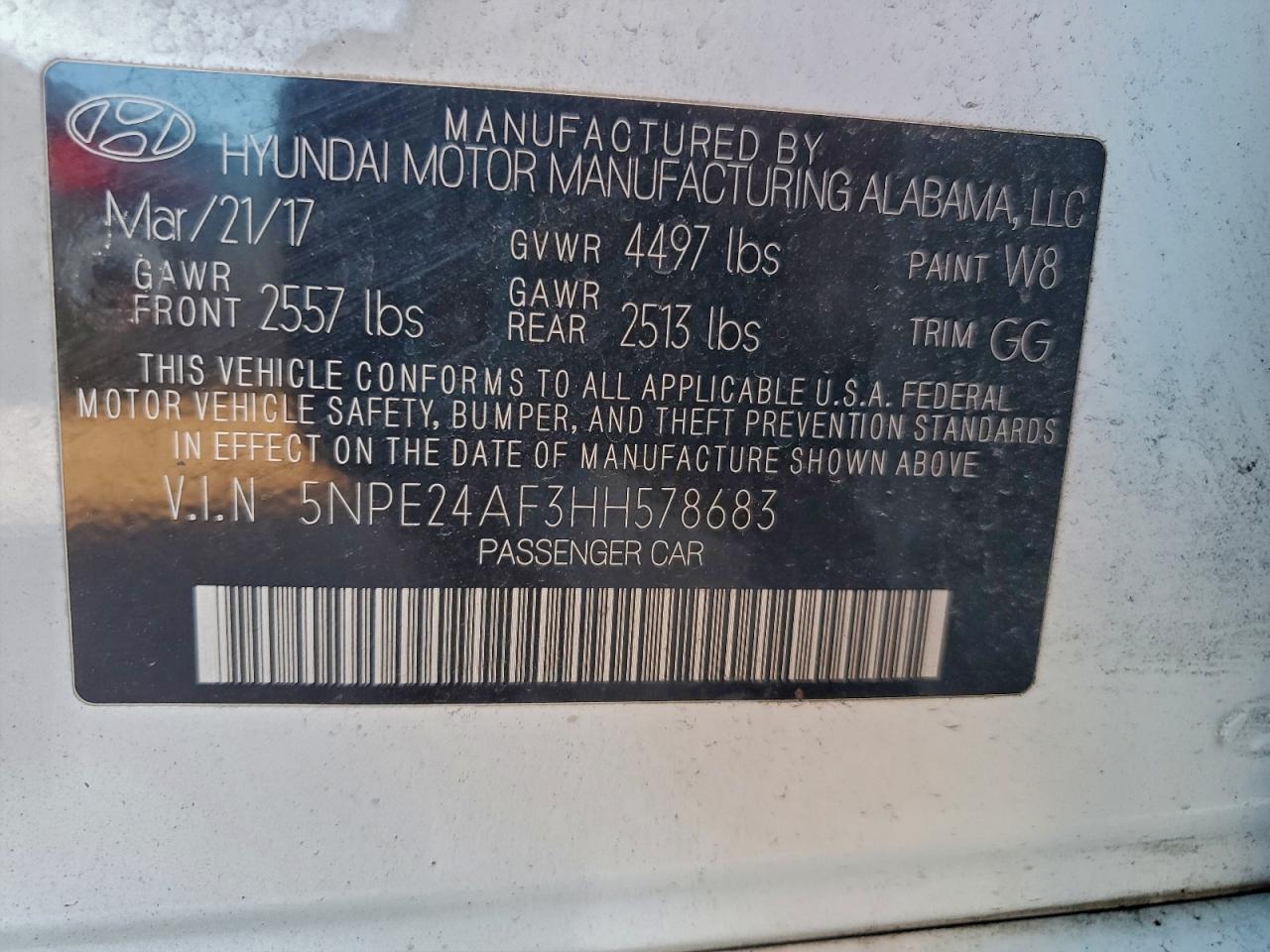 2017 Hyundai Sonata Se VIN: 5NPE24AF3HH578683 Lot: 94048175