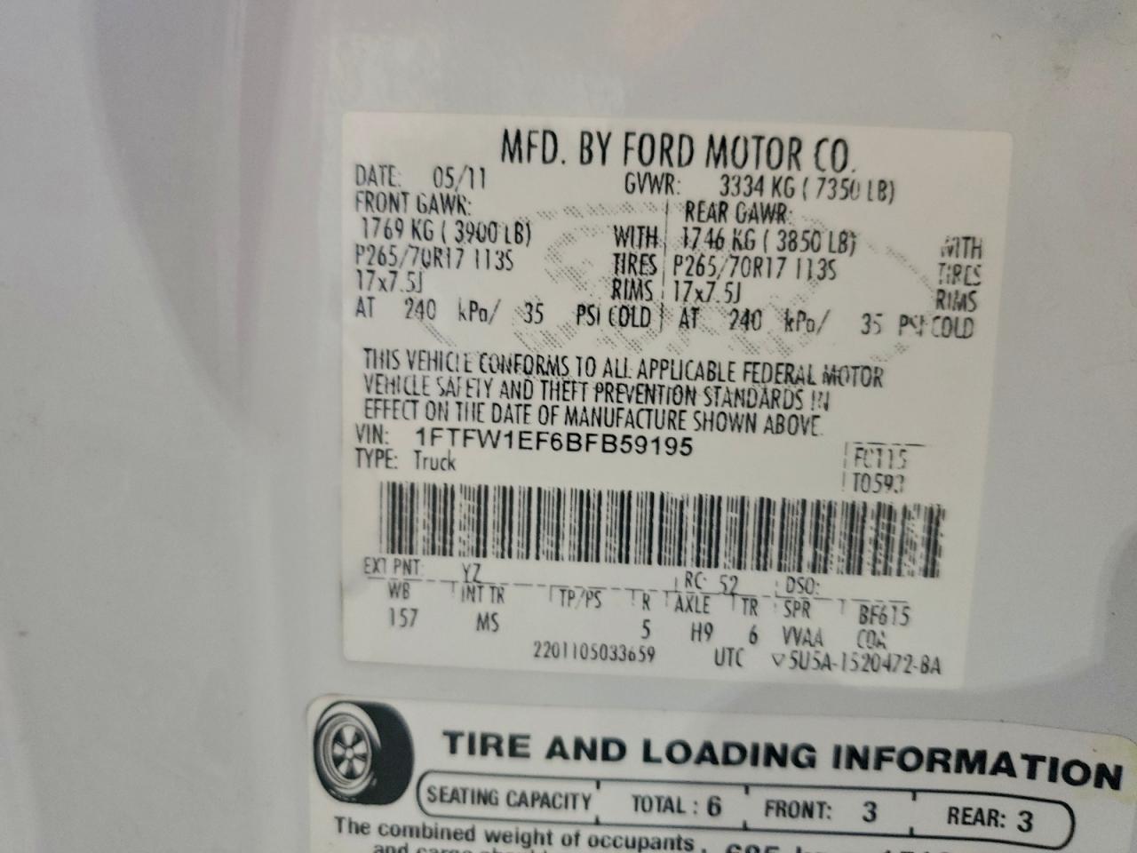 2011 Ford F150 Supercrew VIN: 1FTFW1EF6BFB59195 Lot: 96256355