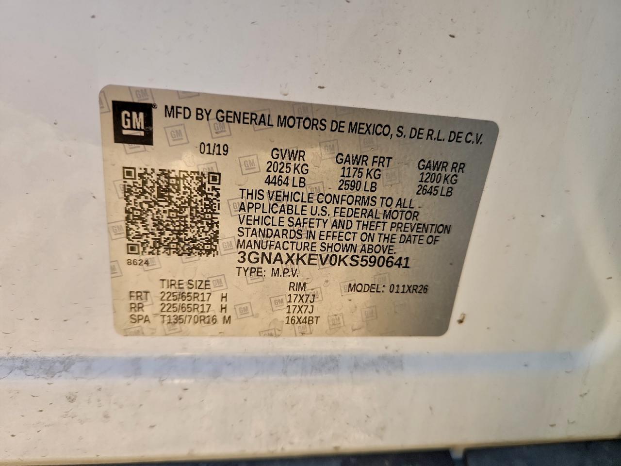 2019 Chevrolet Equinox Lt VIN: 3GNAXKEV0KS590641 Lot: 94968245