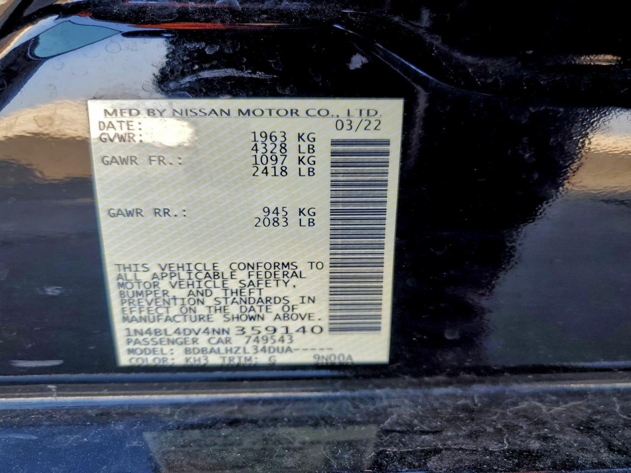 2022 Nissan Altima Sv VIN: 1N4BL4DV4NN359140 Lot: 95186405