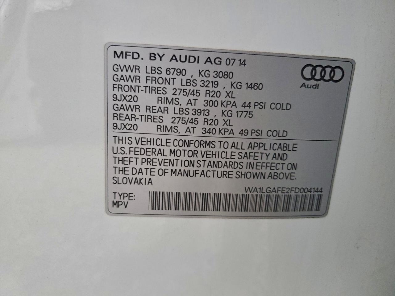 2015 Audi Q7 Premium Plus VIN: WA1LGAFE2FD004144 Lot: 94721315