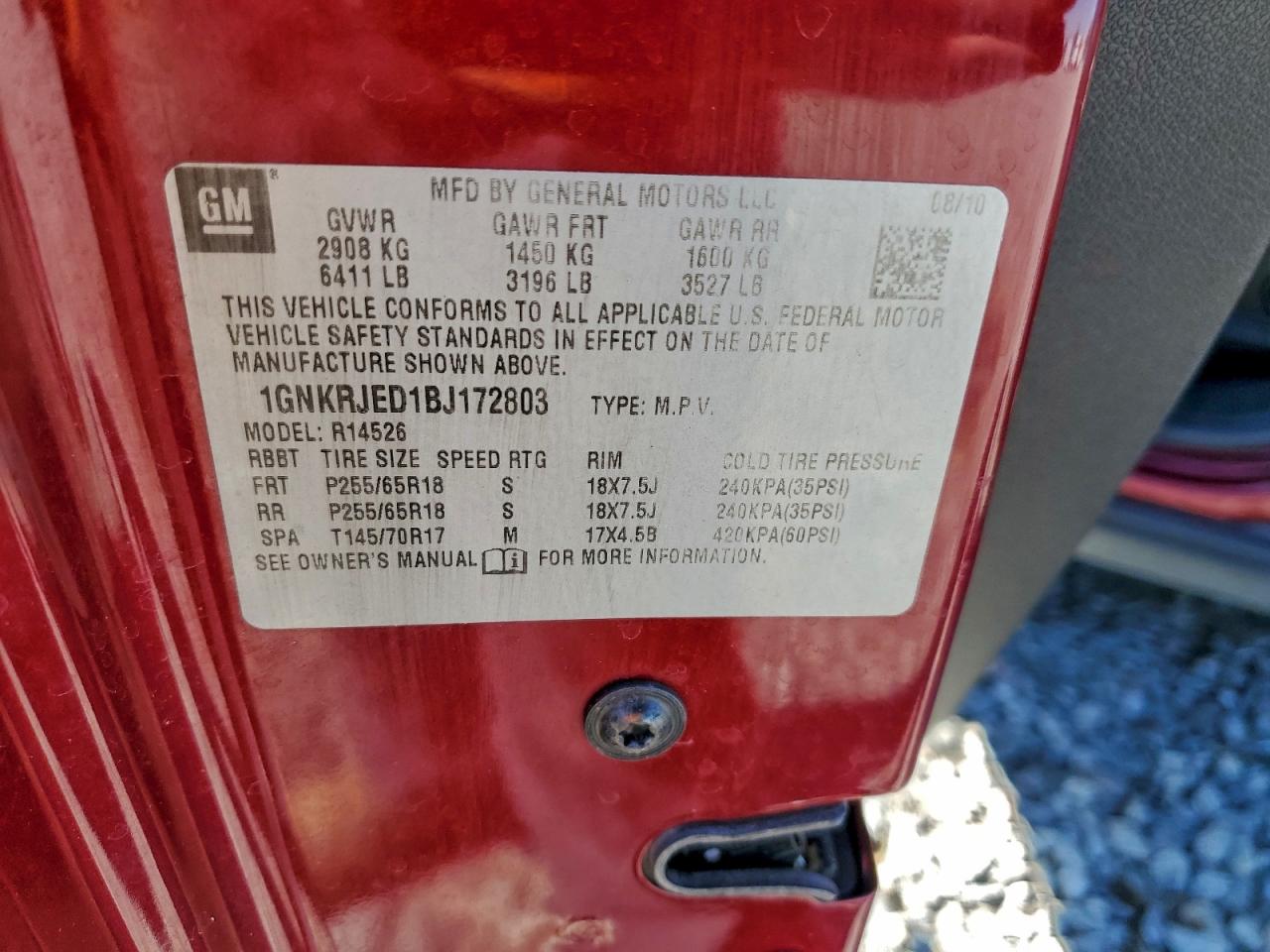 2011 Chevrolet Traverse Lt VIN: 1GNKRJED1BJ172803 Lot: 95926275