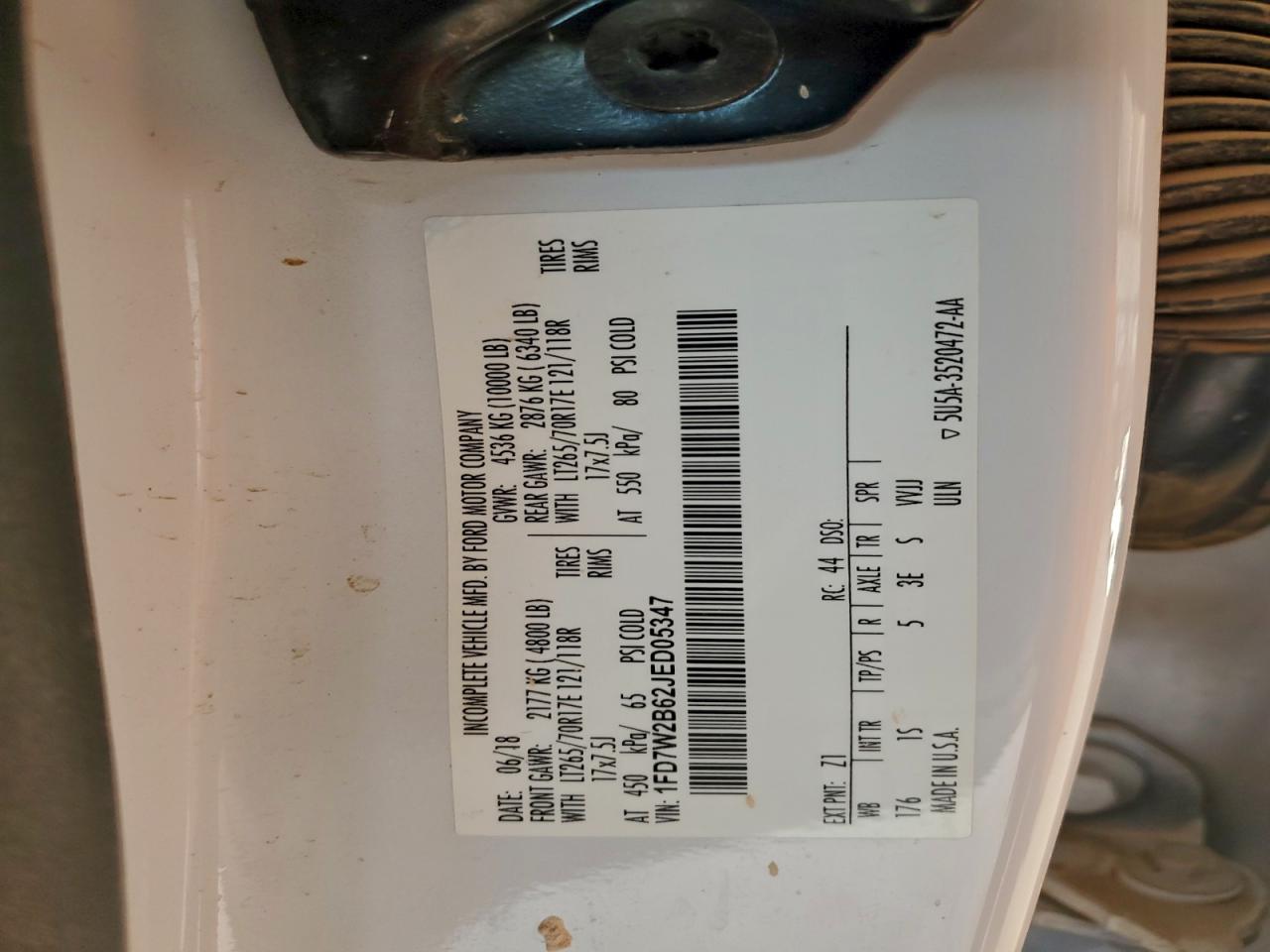 2018 Ford F250 Super Duty VIN: 1FD7W2B62JED05347 Lot: 94893325