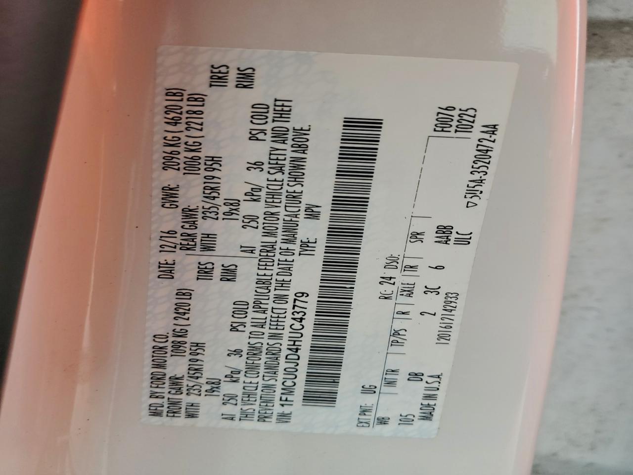 2017 Ford Escape Titanium VIN: 1FMCU0JD4HUC43779 Lot: 95837385