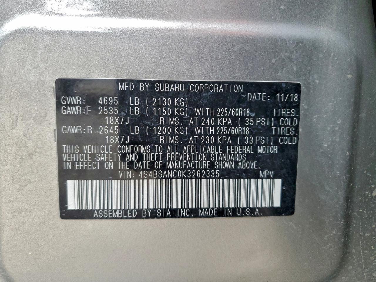 2019 Subaru Outback 2.5I Limited VIN: 4S4BSANC0K3262335 Lot: 95013175